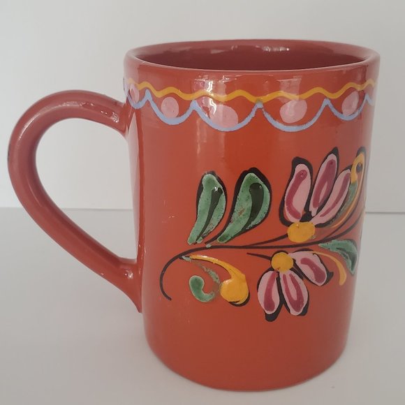 Vintage Terra Cotta Pottery Coffee Tea Mug Hand Painted Floral Leaf Motif Boho - Picture 3 of 5